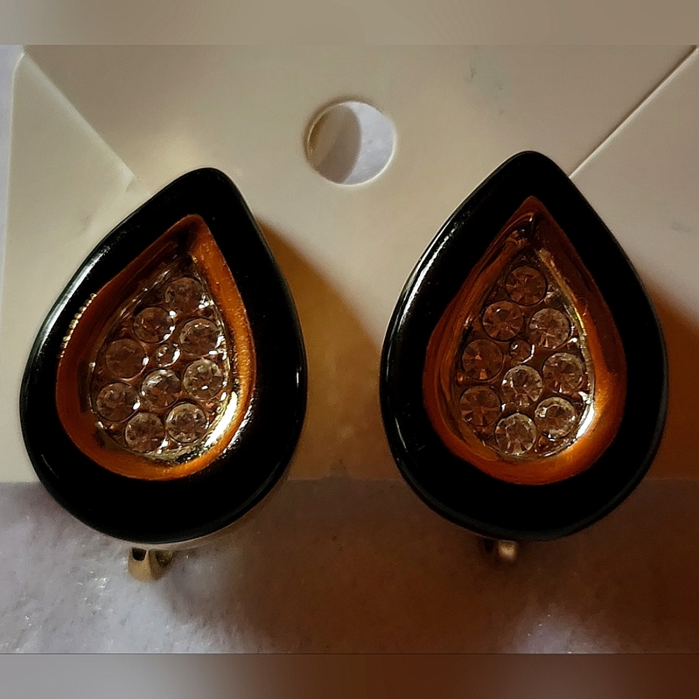 Vintage Nina Ricci Black Enamel and Goldplated Rhinestone Teardrop Stud Earrings